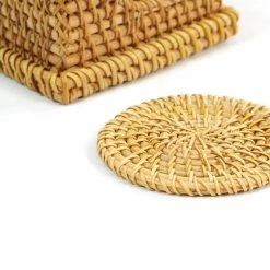 Honey Brown Round Natural Rattan Placemats with Rectangular Holder (Set of 6) by Vintiquewise -Bar Accessories Sales beige cream vintiquewise coasters qi004240 4f 1000