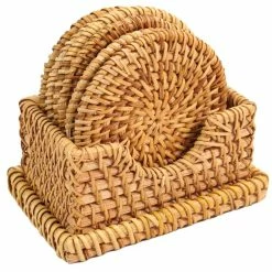 Honey Brown Round Natural Rattan Placemats with Rectangular Holder (Set of 6) by Vintiquewise