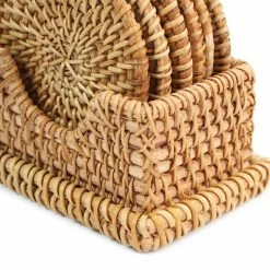 Honey Brown Round Natural Rattan Placemats with Rectangular Holder (Set of 6) by Vintiquewise -Bar Accessories Sales beige cream vintiquewise coasters qi004240 76 1000