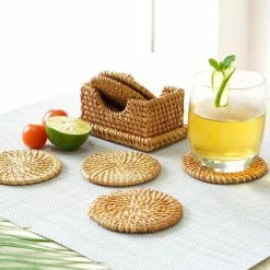 Honey Brown Round Natural Rattan Placemats with Rectangular Holder (Set of 6) by Vintiquewise -Bar Accessories Sales beige cream vintiquewise coasters qi004240 c3 1000