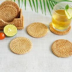 Honey Brown Round Natural Rattan Placemats with Rectangular Holder (Set of 6) by Vintiquewise -Bar Accessories Sales beige cream vintiquewise coasters qi004240 fa 1000
