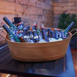 1.7 Gal. Copper Steel Oval Shape Hammered Texture Metal Tub with 2 Side Handles by Benjara -Bar Accessories Sales benjara beverage tubs bm195214 31 1000