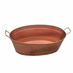 1.7 Gal. Copper Steel Oval Shape Hammered Texture Metal Tub with 2 Side Handles by Benjara