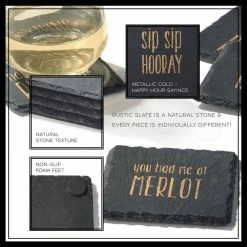 Sip Sip Hooray Slate Coasters Gold Set Of 4, Square 4X4" by American Atelier -Bar Accessories Sales blacks american atelier coasters 1333052gd 31 1000