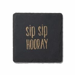 Sip Sip Hooray Slate Coasters Gold Set Of 4, Square 4X4" by American Atelier
