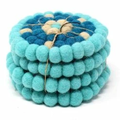 Flower Turquoise Felt Ball Coasters (4-Pack) by Global Craft
