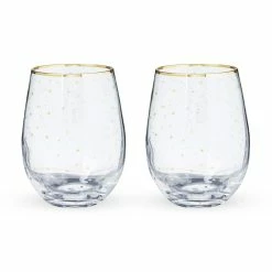 Starlight Stemless Wine Glasses Set of 2 18 oz. Festive Gold Rim Tumblers, Decorative Barware by Twine