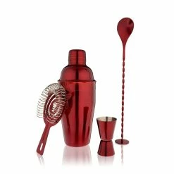 True Red Barware Set, Stainless Steel Shaker, Jigger, Muddler, Bar Spoon, Hawthorne Strainer