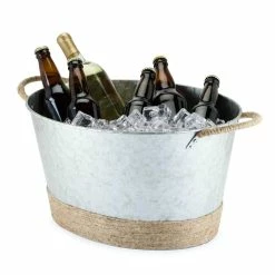 4.5 Gal. Seaside Jute Rope Wrapped Farmhouse Galvanized Ice Metal Beverage Tub, Wine, Beer Bottle Bucket by Twine