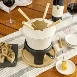 Enamel Cast Iron Fondue Set Cheese Melting Pot Metal Stand with Stainless Steel Forks and Chrome Gel Burner, Off-Cream by Twine -Bar Accessories Sales cocktail sets 5998 44 1000