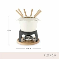 Enamel Cast Iron Fondue Set Cheese Melting Pot Metal Stand with Stainless Steel Forks and Chrome Gel Burner, Off-Cream by Twine -Bar Accessories Sales cocktail sets 5998 4f 1000