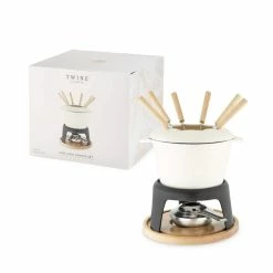 Enamel Cast Iron Fondue Set Cheese Melting Pot Metal Stand with Stainless Steel Forks and Chrome Gel Burner, Off-Cream by Twine