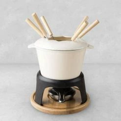 Enamel Cast Iron Fondue Set Cheese Melting Pot Metal Stand with Stainless Steel Forks and Chrome Gel Burner, Off-Cream by Twine -Bar Accessories Sales cocktail sets 5998 fa 1000
