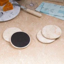Natural Champagne Marble Set of 4-Pieces Round Coaster, 4 in. Dia. for Fine Dining Dinner Table Service by Creative Home -Bar Accessories Sales creative home cocktail sets 74698 1f 1000