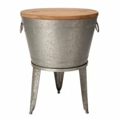 26.29 in. H Gray Galvanized Beverage Tub with Metal Stand or Accent Table with Firwood Lid by Glitzhome