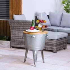 26.29 in. H Gray Galvanized Beverage Tub with Metal Stand or Accent Table with Firwood Lid by Glitzhome -Bar Accessories Sales glitzhome ice buckets 2003800001 77 1000