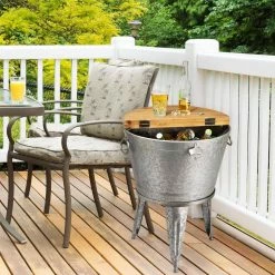 26.29 in. H Gray Galvanized Beverage Tub with Metal Stand or Accent Table with Firwood Lid by Glitzhome -Bar Accessories Sales glitzhome ice buckets 2003800001 c3 1000