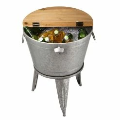 26.29 in. H Gray Galvanized Beverage Tub with Metal Stand or Accent Table with Firwood Lid by Glitzhome -Bar Accessories Sales glitzhome ice buckets 2003800001 d4 1000
