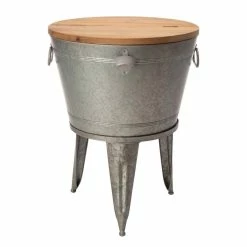 26.29 in. H Gray Galvanized Beverage Tub with Metal Stand or Accent Table with Firwood Lid by Glitzhome