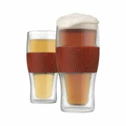 Freeze Beer Glasses, 16 oz. Wood Freezer Gel Chiller Double Wall Plastic Frozen Pint Glass (Set of 2) by HOST