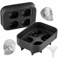 Skull Ice Cube Tray 4-Grid Skull Ice Ball Maker 1.6 in.x1.8 in. Each Flexible Black Silicone Ice Tray with Lid & Funnel by VEVOR