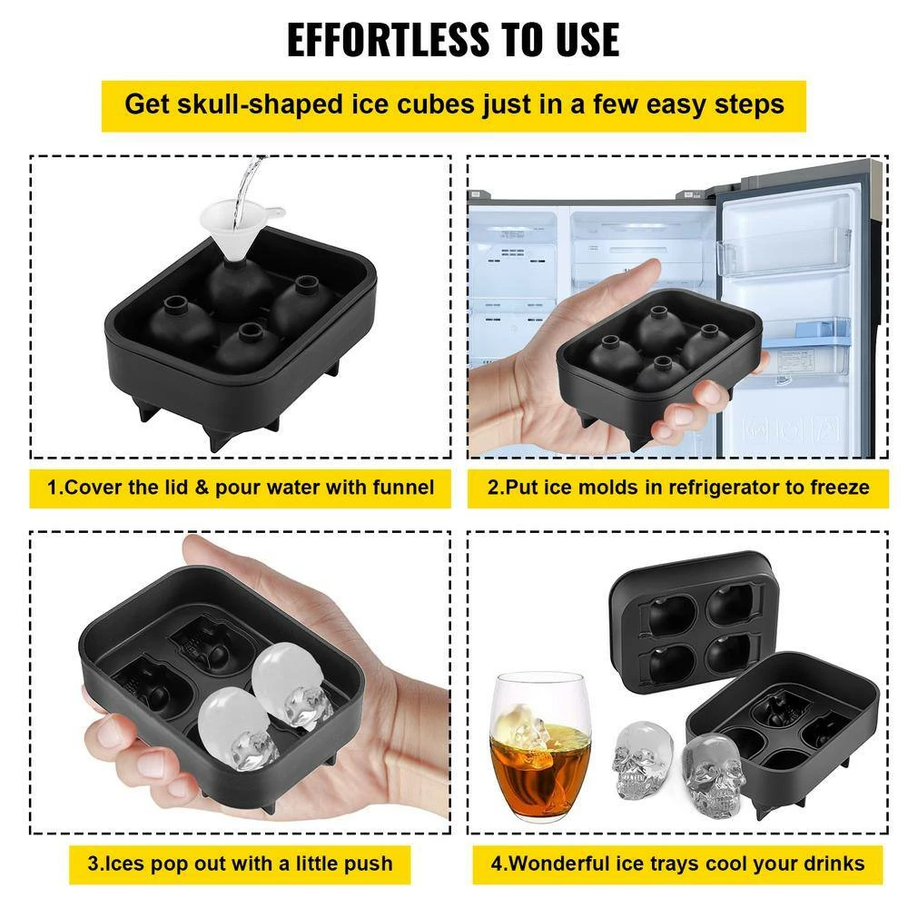 Skull Ice Cube Tray 4-Grid Skull Ice Ball Maker 1.6 in.x1.8 in. Each Flexible Black Silicone Ice Tray with Lid & Funnel by VEVOR 6 Skull Ice Cube Tray 4-Grid Skull Ice Ball Maker 1.6 in.x1.8 in. Each Flexible Black Silicone Ice Tray with Lid & Funnel by VEVOR - Image 6