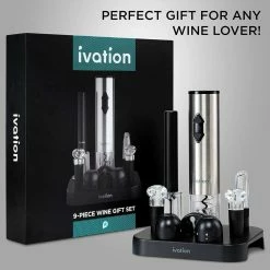 9-Piece Electric Wine Opener, Deluxe Set W/Wine Aerator Pourer, Stainless Steel by Ivation -Bar Accessories Sales ivation cocktail sets ivawgsall1 1f 1000