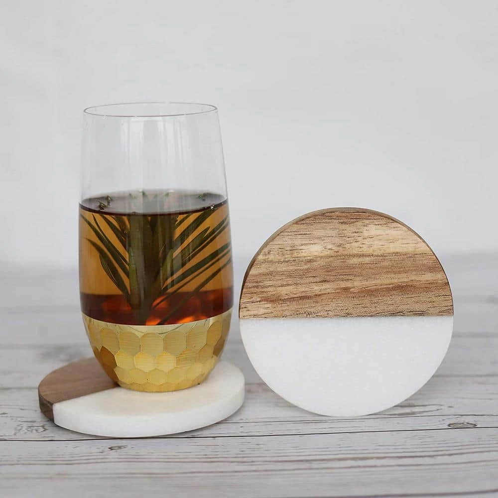 Natural White Marble and Mango Wood Coasters : Round Set of 4 with Holder by Kauri 4 Natural White Marble and Mango Wood Coasters : Round Set of 4 with Holder by Kauri - Image 4