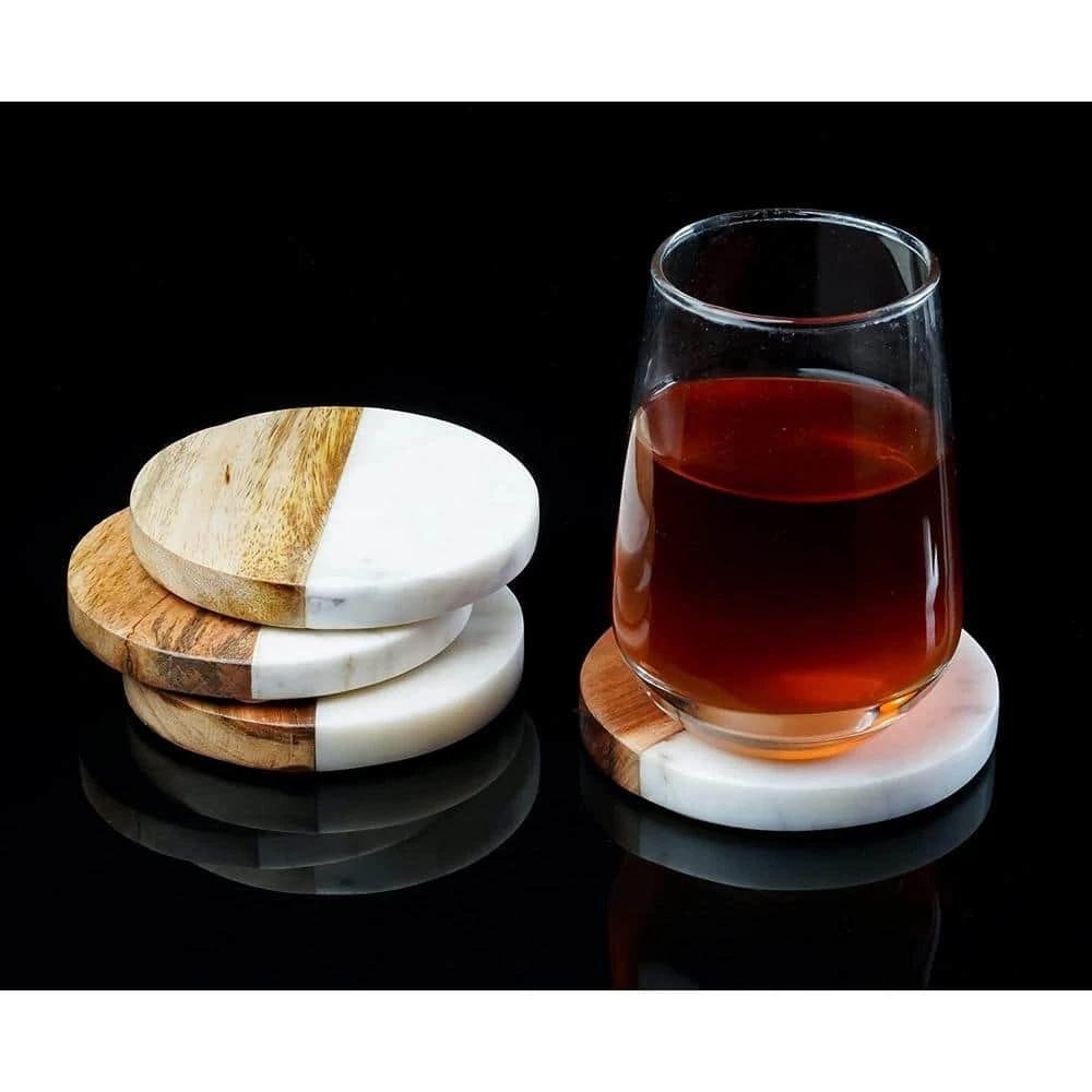 Natural White Marble and Mango Wood Coasters : Round Set of 4 with Holder by Kauri 5 Natural White Marble and Mango Wood Coasters : Round Set of 4 with Holder by Kauri - Image 5