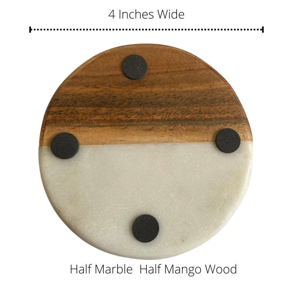 Natural White Marble and Mango Wood Coasters : Round Set of 4 with Holder by Kauri 3 Natural White Marble and Mango Wood Coasters : Round Set of 4 with Holder by Kauri - Image 3