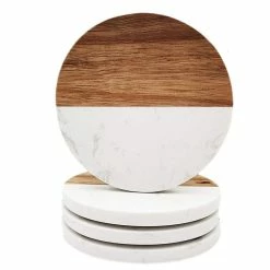 Natural White Marble and Mango Wood Coasters : Round Set of 4 with Holder by Kauri