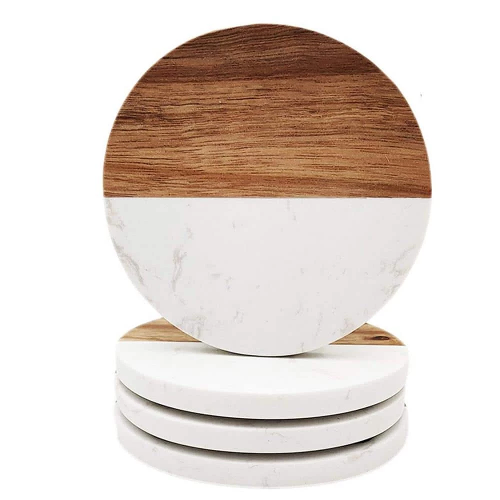 Natural White Marble and Mango Wood Coasters : Round Set of 4 with Holder by Kauri 1 Natural White Marble and Mango Wood Coasters : Round Set of 4 with Holder by Kauri