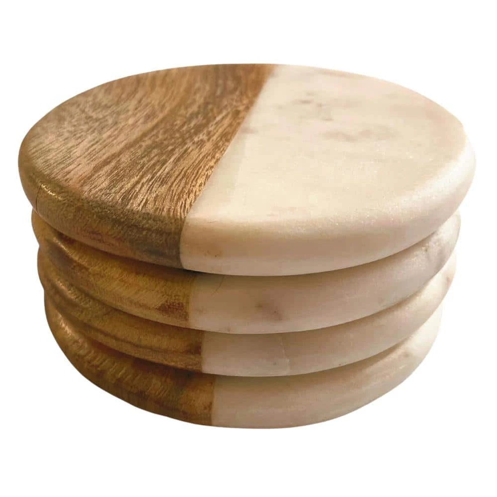 Natural White Marble and Mango Wood Coasters : Round Set of 4 with Holder by Kauri 2 Natural White Marble and Mango Wood Coasters : Round Set of 4 with Holder by Kauri - Image 2
