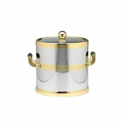 Americano 3 Qt. Polished Chrome & Brass Ice Bucket with Brass Lid, Wood Side Handles by Kraftware