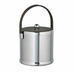 Americano 3 Qt. Brushed Chrome Ice Bucket with Brown Leatherette Lid and Handle by Kraftware