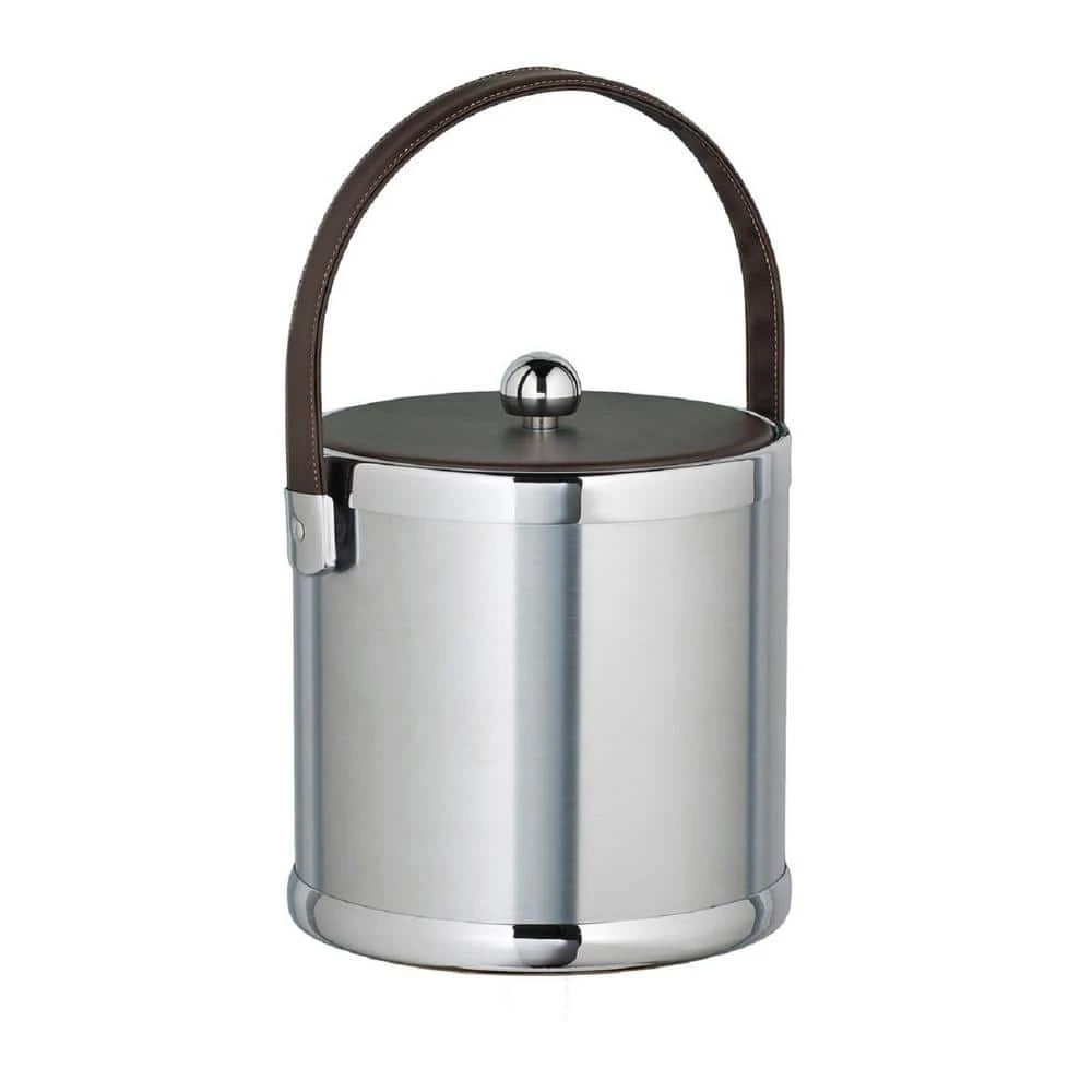 Americano 3 Qt. Brushed Chrome Ice Bucket with Brown Leatherette Lid and Handle by Kraftware 1 Americano 3 Qt. Brushed Chrome Ice Bucket with Brown Leatherette Lid and Handle by Kraftware