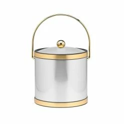 3 Qt. Brushed Chrome and Brass Mylar Ice Bucket with Bale Handle, Lucite Cover and Round Knob by Kraftware