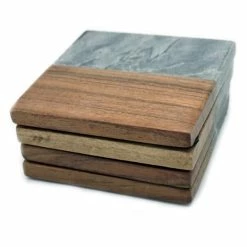 4-Piece Ocean Gray Marble with Acacia Wood Coasters by Unbranded