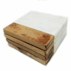 4-Piece Opal White Marble with Acacia Wood Coasters by Unbranded