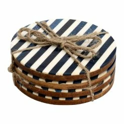 4-Piece White and Ocean Blue Striped Coaster Set by Mascot Hardware