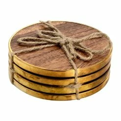 4-Piece Hammered Brass Wood Coaster Set by Mascot Hardware