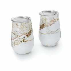 12 oz. Copper and White Marble Pattern Stainless Steel Double Wall Wine Glass Tumbler with Lid (Set of 2) by Outset