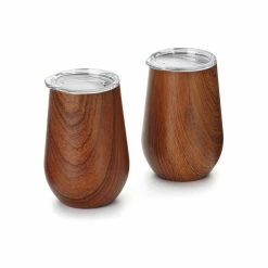 12 oz. Wood Grain Pattern Stainless Steel Double Wall Wine Glass Tumbler with Lid (Set of 2) by Outset