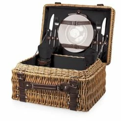 Champion Black Wood Picnic Basket with Brown Leatherette Straps by Picnic Time