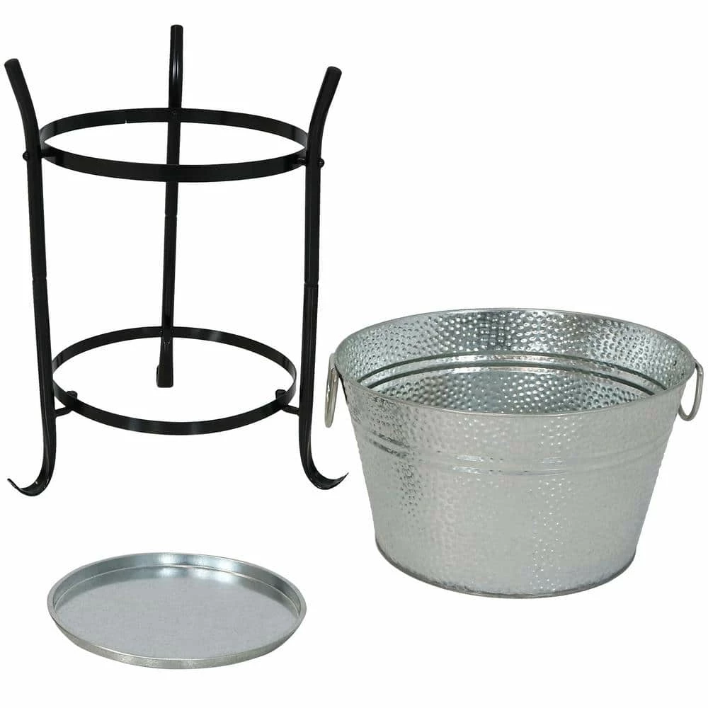 Pebbled Galvanized Steel Ice Bucket Drink Cooler with Stand and Tray by Sunnydaze Decor 5 Pebbled Galvanized Steel Ice Bucket Drink Cooler with Stand and Tray by Sunnydaze Decor - Image 5