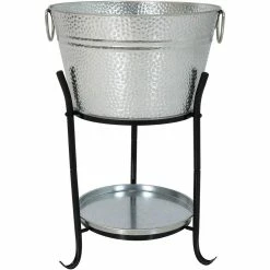 Pebbled Galvanized Steel Ice Bucket Drink Cooler with Stand and Tray by Sunnydaze Decor