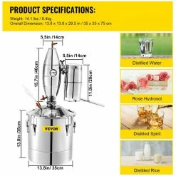 7.9 Gal. Water Alcohol Distiller Stainless Steel Whiskey Distillery Kit with Thermometer for DIY Wine Brandy, Silver by VEVOR -Bar Accessories Sales vevor cocktail sets 30lngzlq000000001v1 76 1000