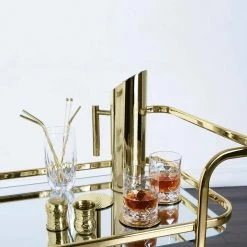 Kitchen and Bar Cart Stainless Steel, Gold with Wheels and Mirror Shelves by Viski -Bar Accessories Sales viski cocktail sets 5891 44 1000