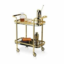 Kitchen and Bar Cart Stainless Steel, Gold with Wheels and Mirror Shelves by Viski