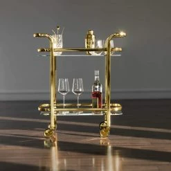 Kitchen and Bar Cart Stainless Steel, Gold with Wheels and Mirror Shelves by Viski -Bar Accessories Sales viski cocktail sets 5891 fa 1000